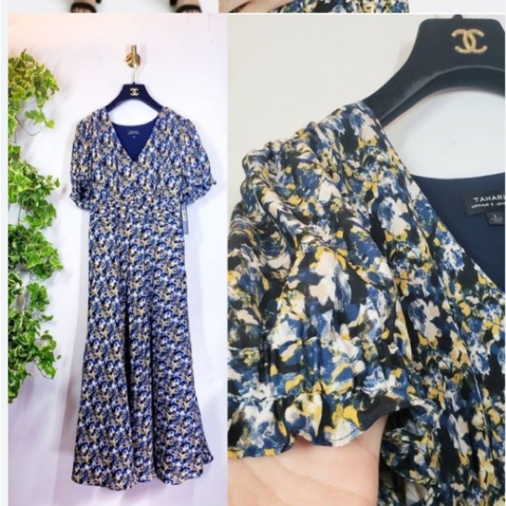 Tahari Women's Navy and Yellow Floral Vintage Georgette Midi 14